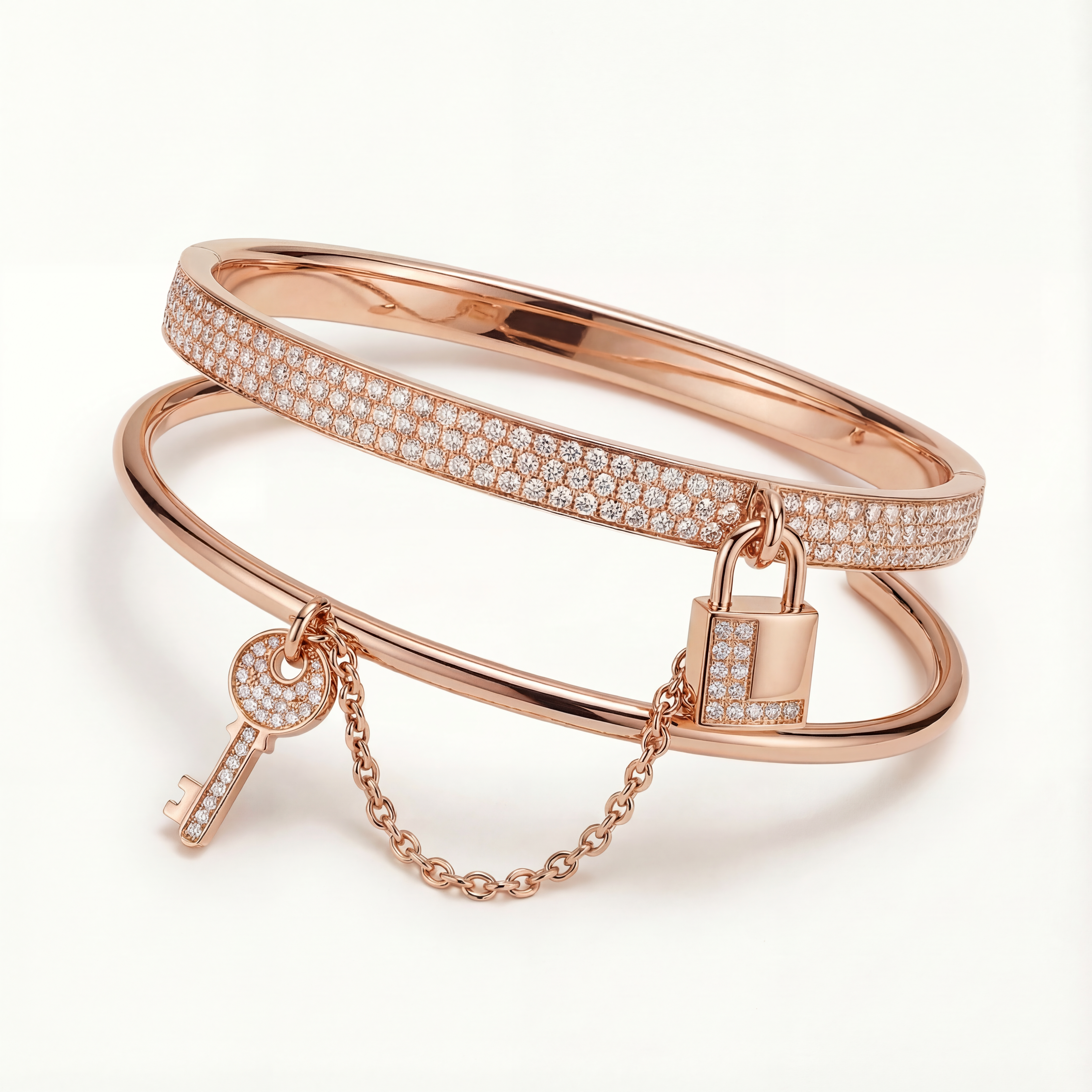 Rose gold lock and key charm bangles with pave diamonds